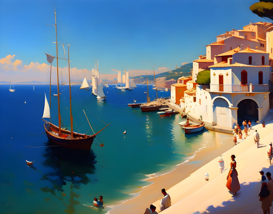 Tranquil harbor scene with sailboats and Mediterranean buildings
