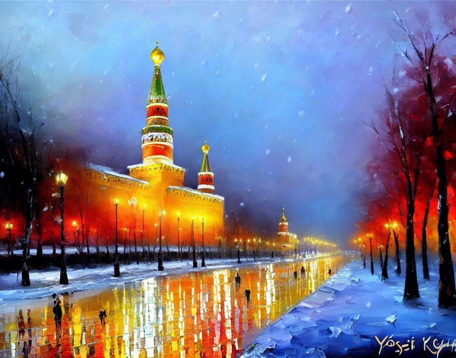 Rainy Evening Painting: Kremlin Towers Illuminated in Twilight