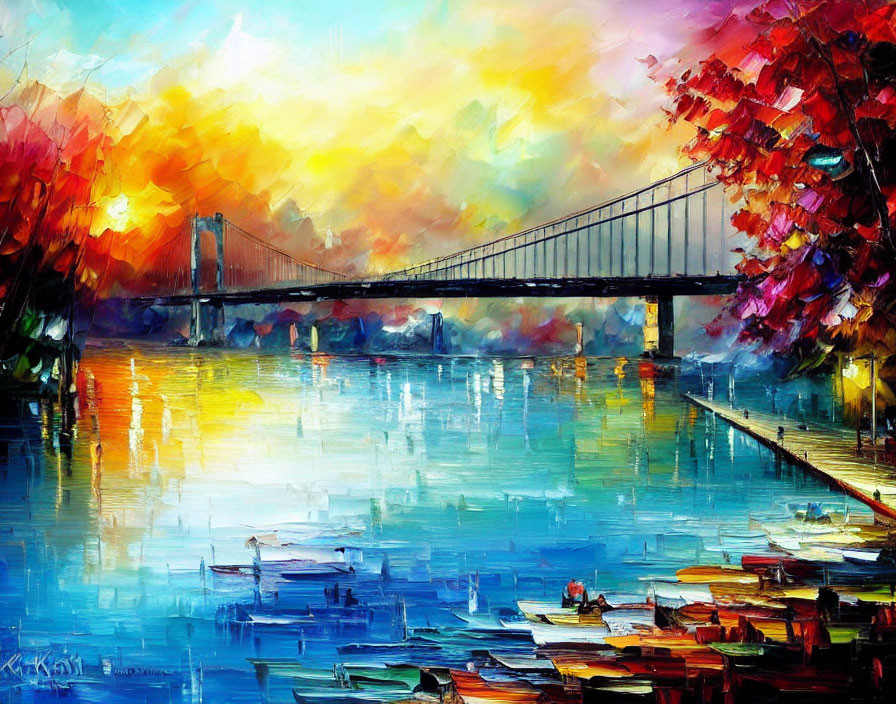 Vibrant Impressionistic Painting of Bridge Over Water