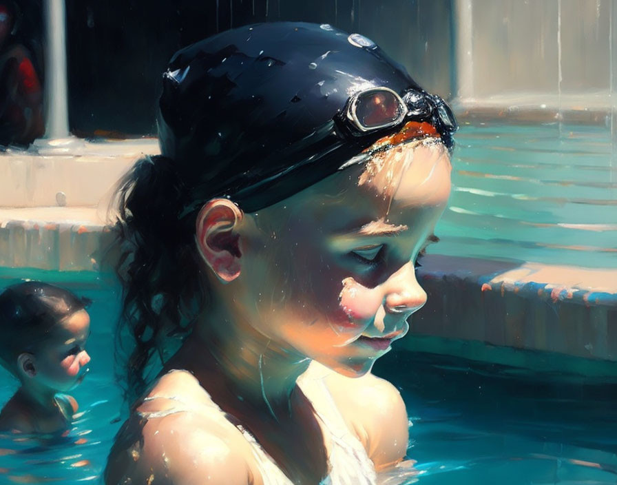 Young swimmer in black swim cap and goggles by poolside, with contemplative expression.