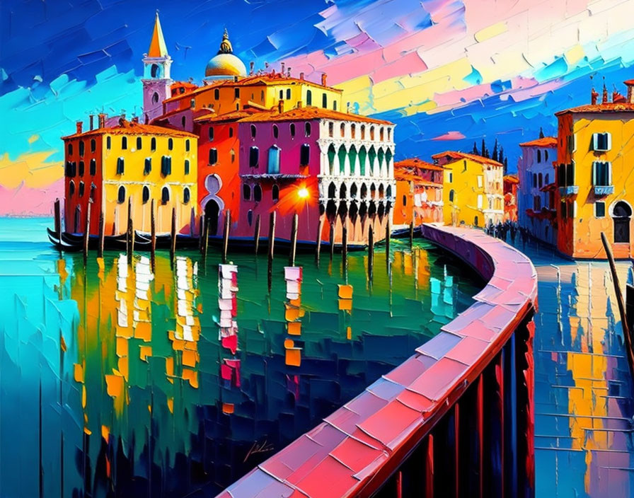 Colorful Expressionist-Style Painting of Venetian Canal