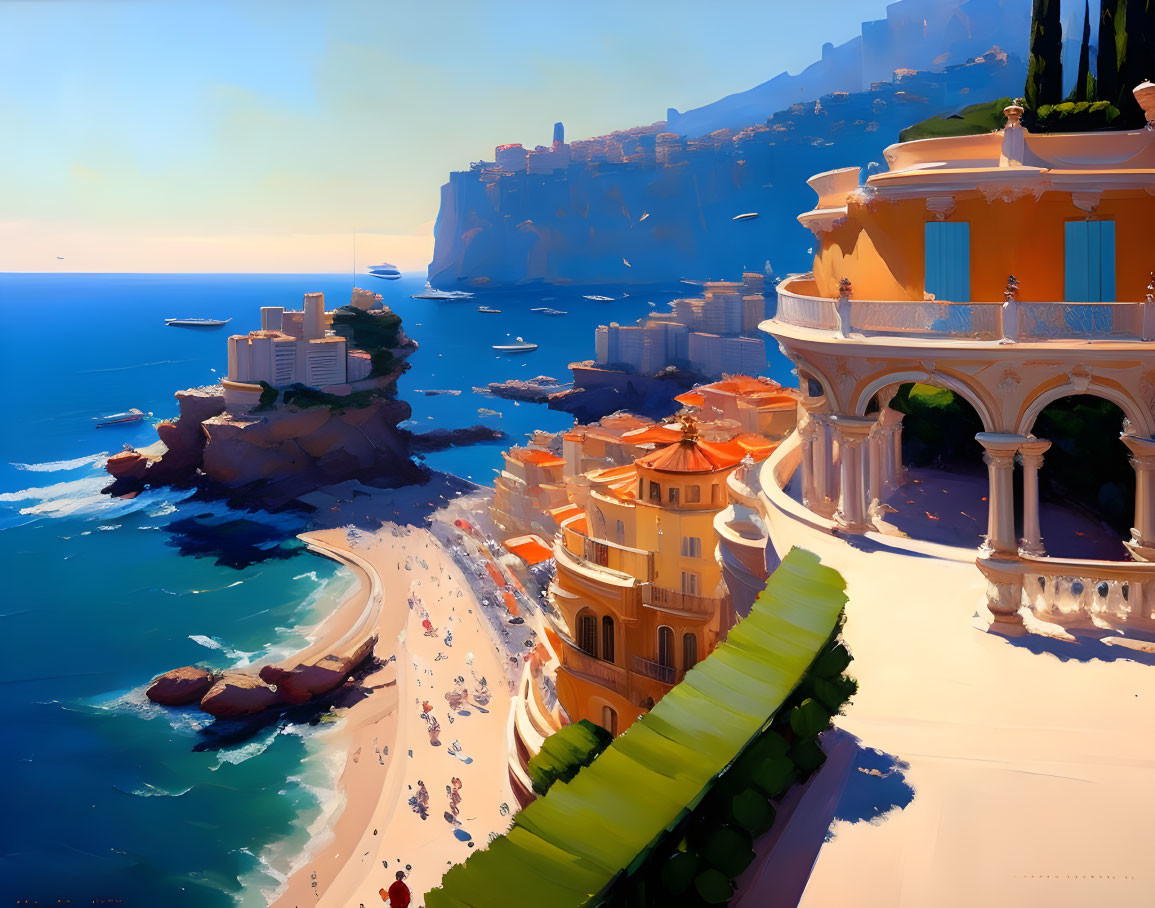 Vibrant Coastal Landscape with Orange Buildings and Towering Cliff
