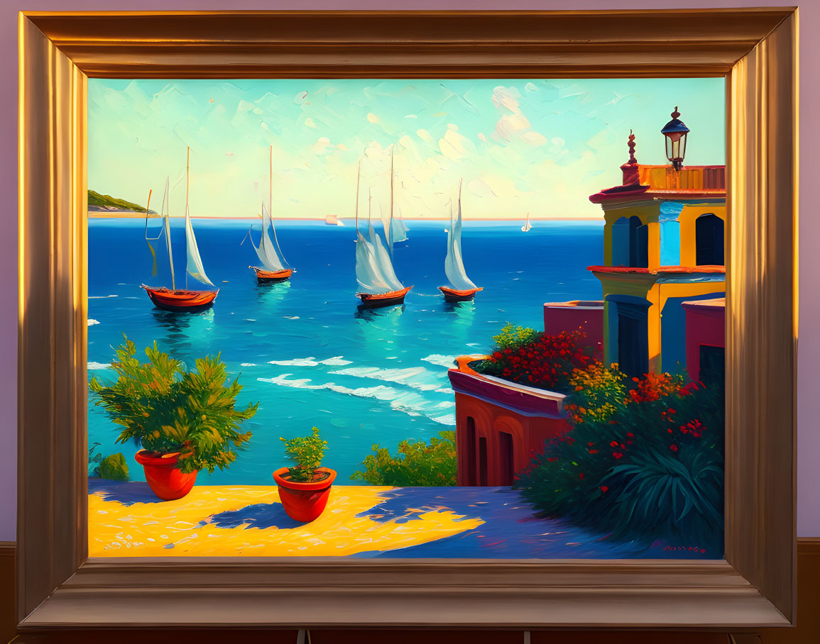 Vibrant seaside painting with sailboats, blue sky, red roof building, and potted plants