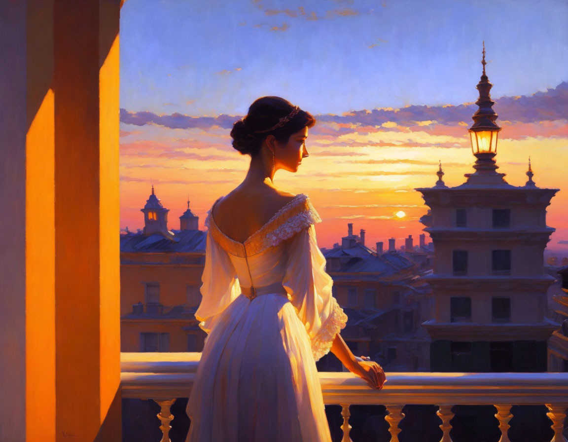 Vintage-dressed woman on balcony admires sunset over classic cityscape