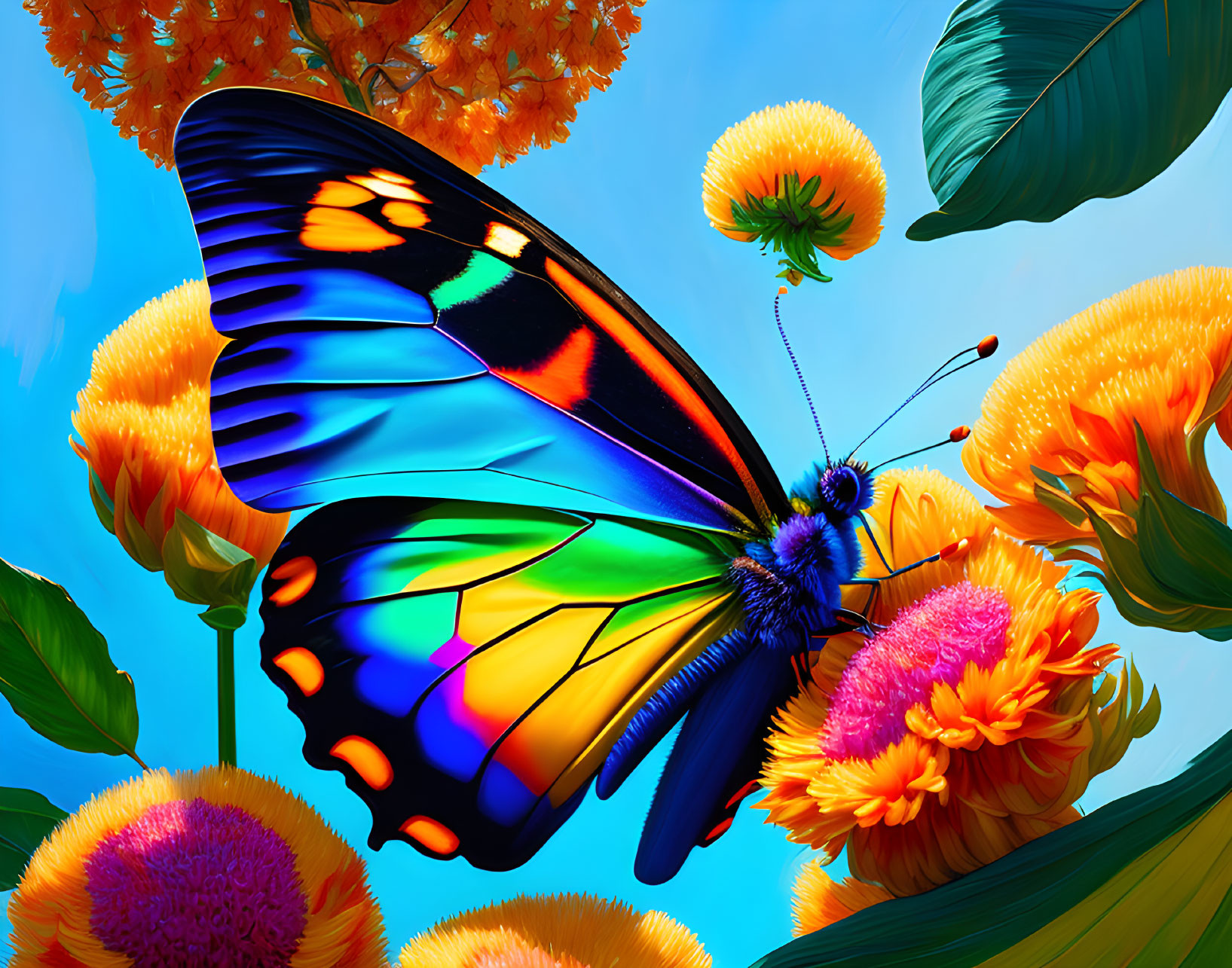 Colorful Butterfly Resting on Orange Flowers Under Blue Sky