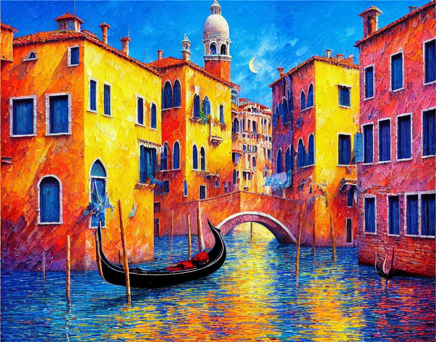 Colorful Venetian Canal Painting with Gondola and Moonlit Sky