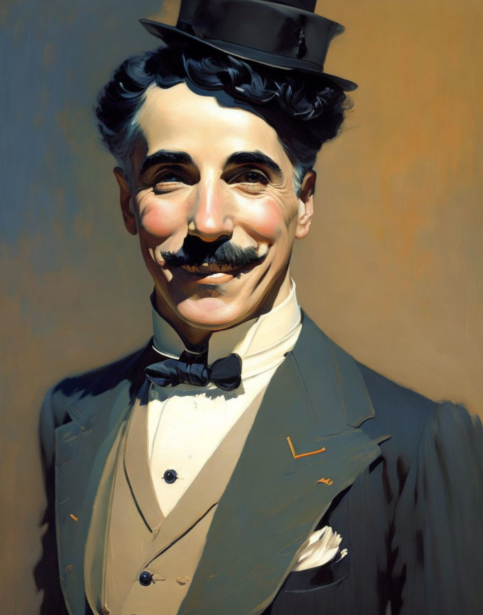 Vibrant painting of a smiling man in bowler hat and bow tie