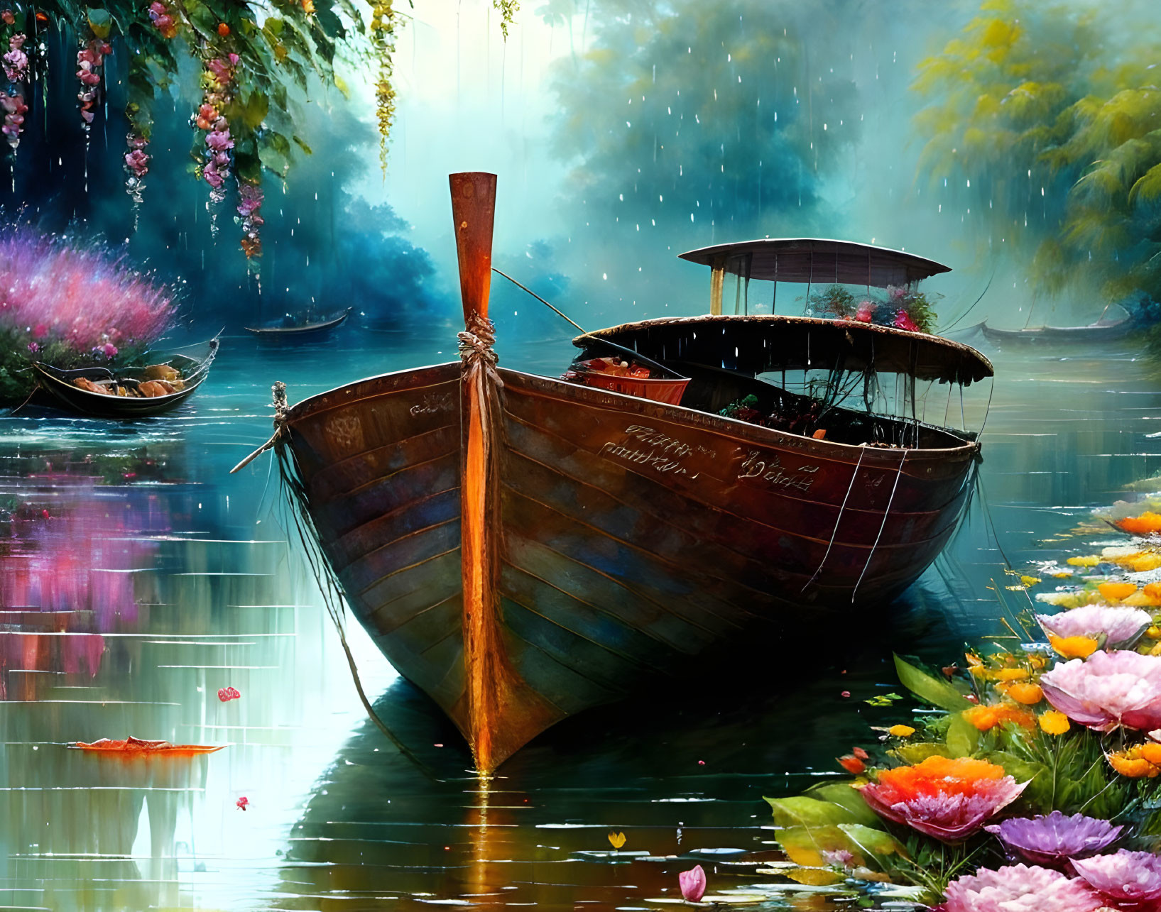 Tranquil digital art: Wooden boat on calm river with lush foliage