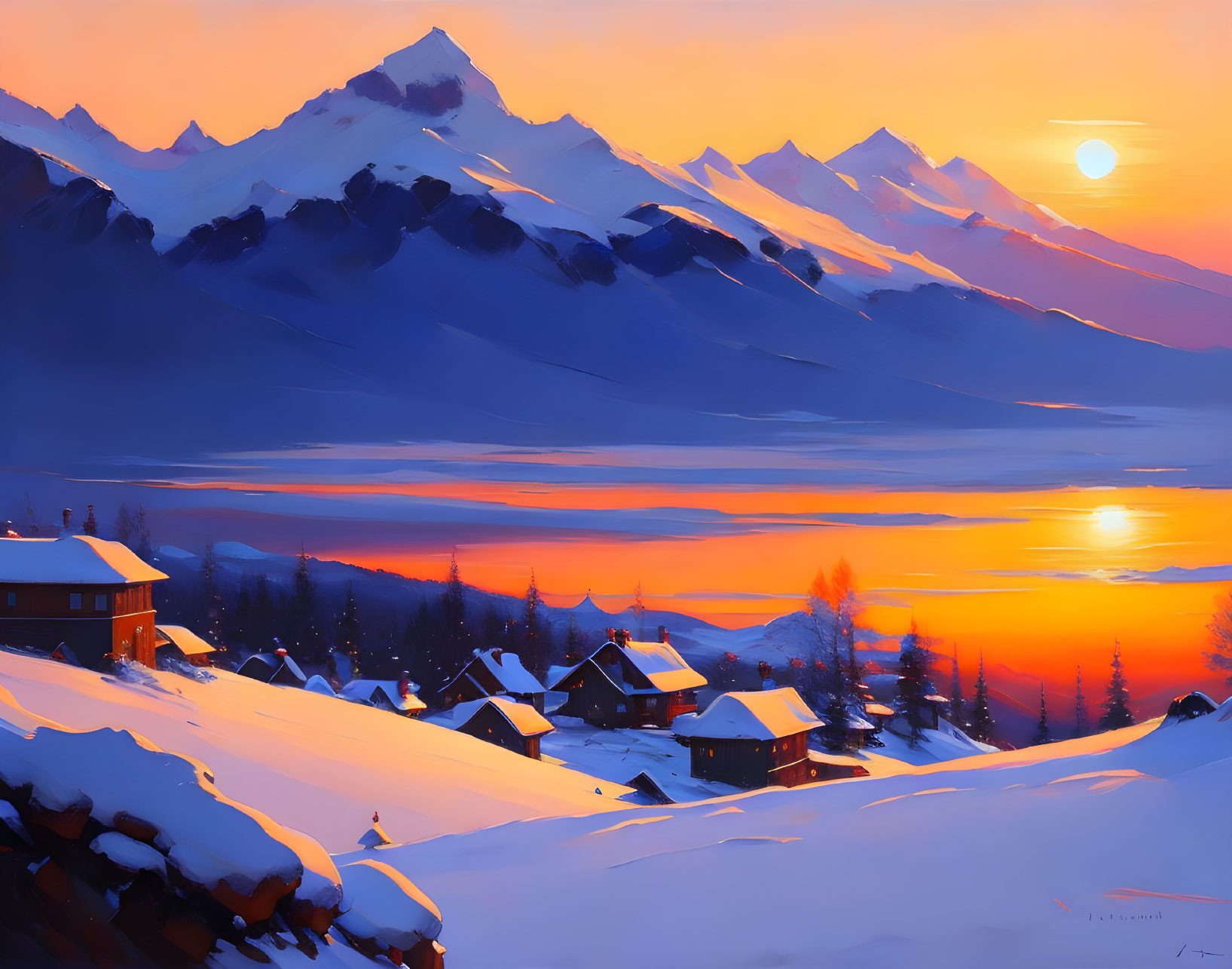 Snow-covered village at sunset with warm lights and mountain range