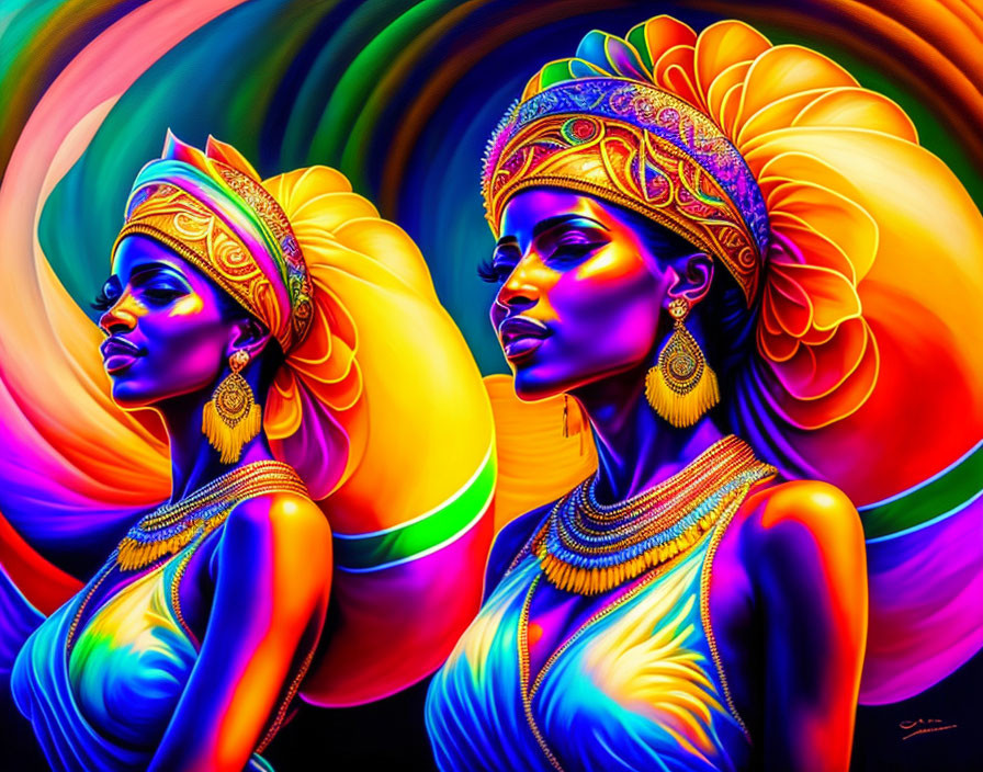 Two women in vibrant colors with golden headdresses and jewelry on artistic backdrop