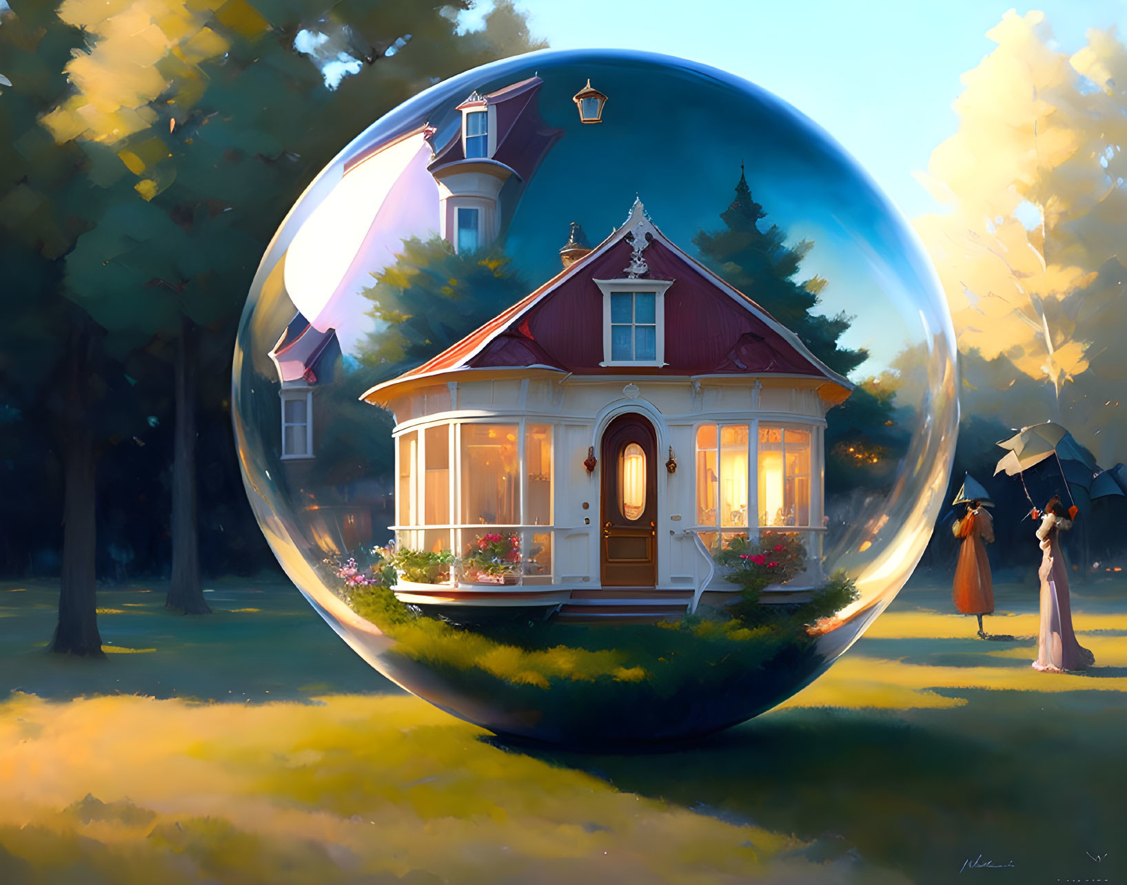 House in shiny bubble with woman, warm sunlight, soft shadows, serene scene