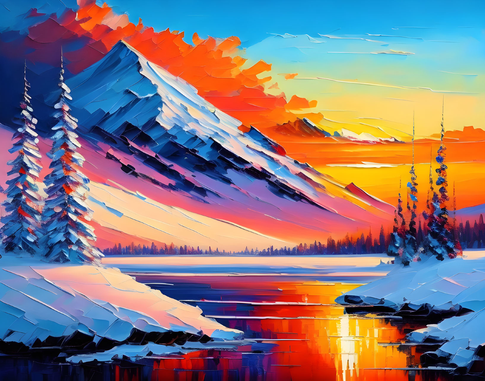 Snow-capped mountain range and serene lake under sunset sky