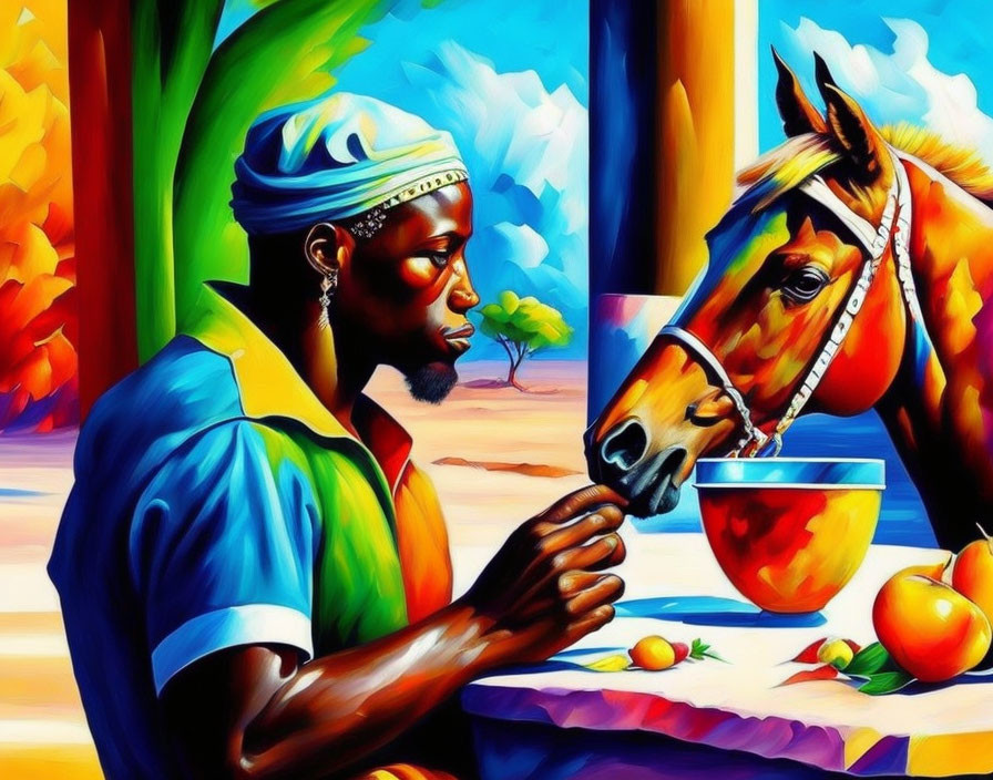 Colorful painting: Man feeding horse with fruit table, sunny landscape