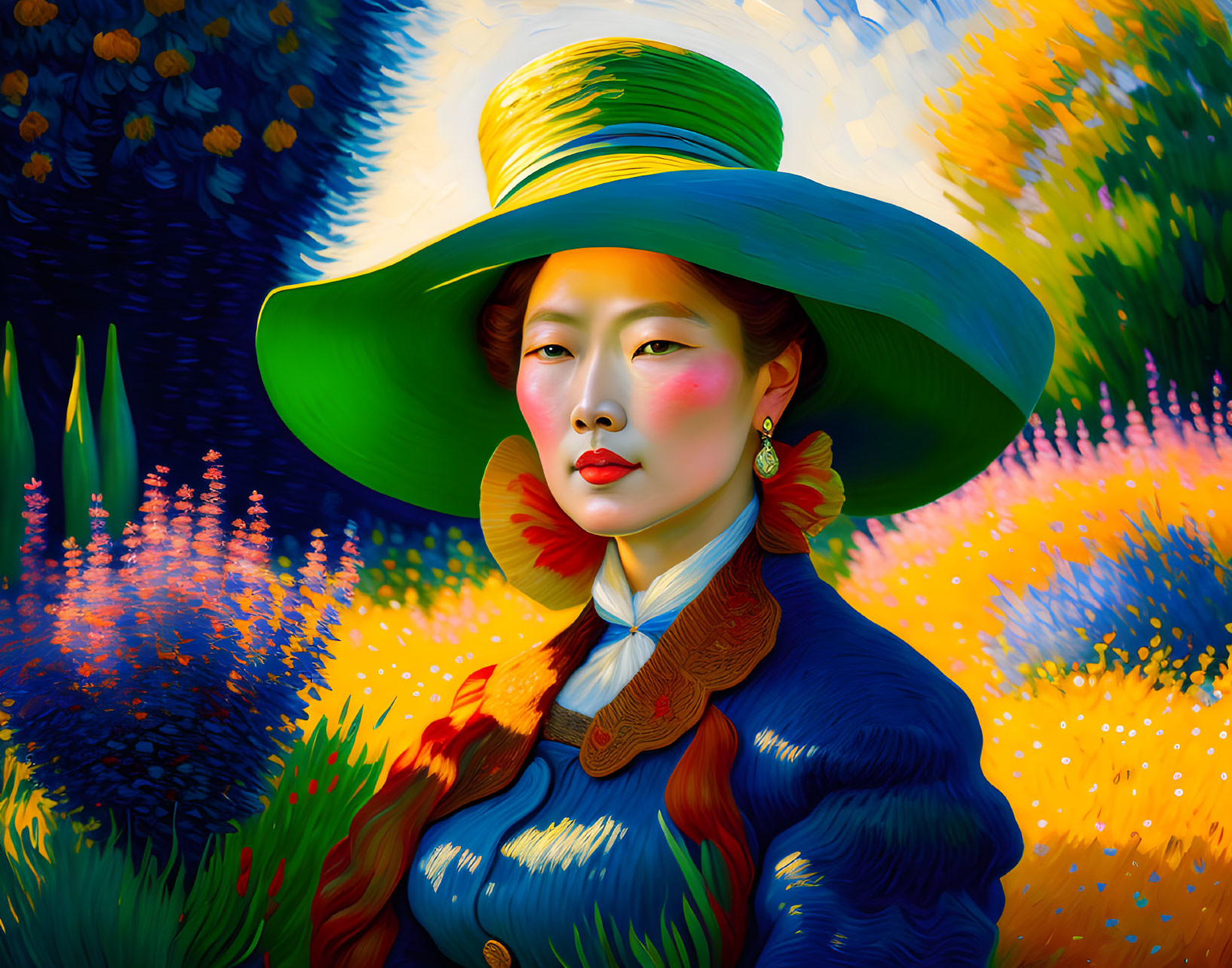 Colorful portrait of a woman in wide-brimmed hat with impressionistic floral background