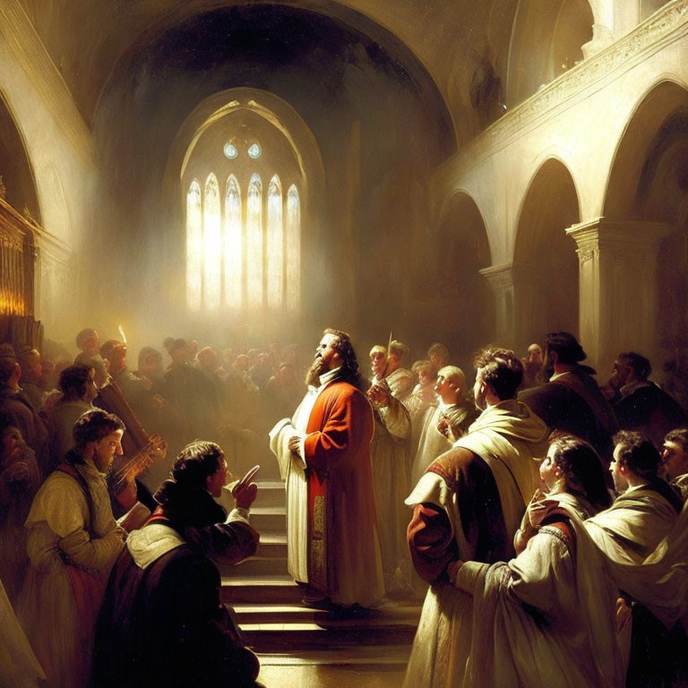 Religious Gathering in Church with Central Figure in Red Robes