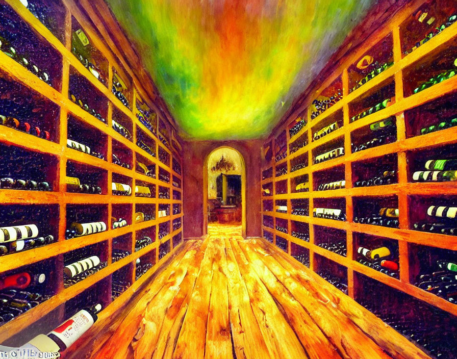 Vibrant painting of a wine cellar with wooden floors and walls lined with bottles