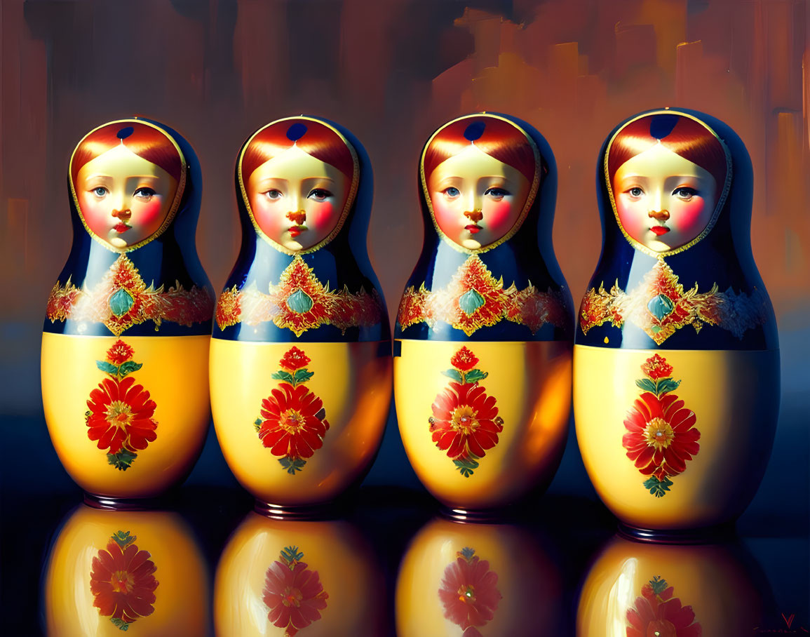 Set of four Russian Matryoshka dolls with floral designs on reflective surface against abstract background