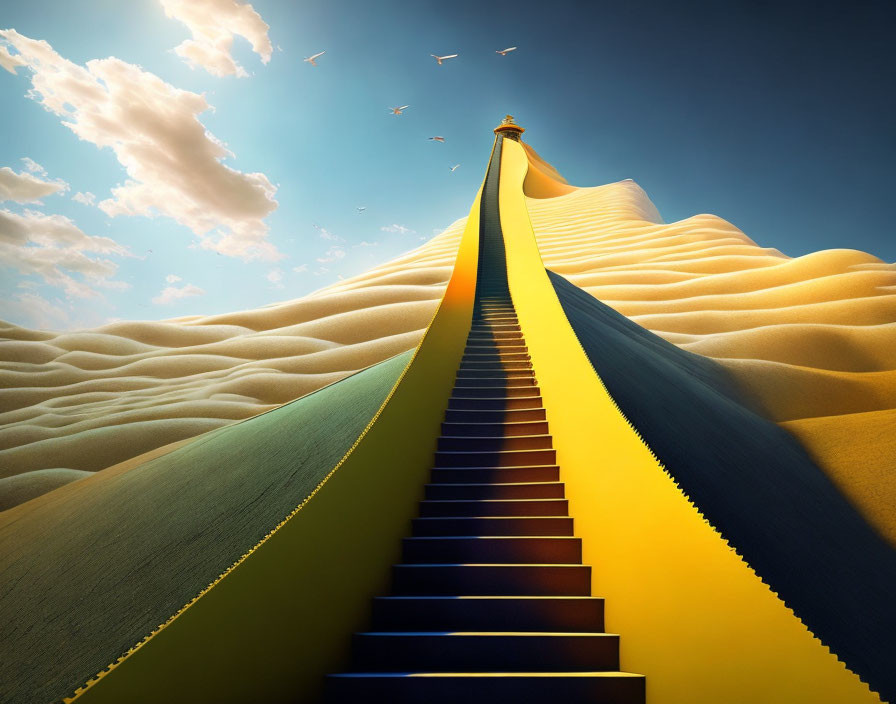 Surreal image: zipper unzipping sand dune to reveal golden lighthouse & stairs under