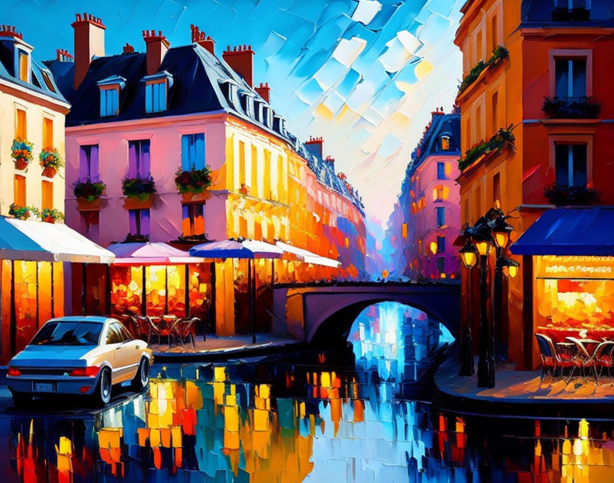 Colorful Parisian Street Scene with Cafes, Classic Car, and River Reflection