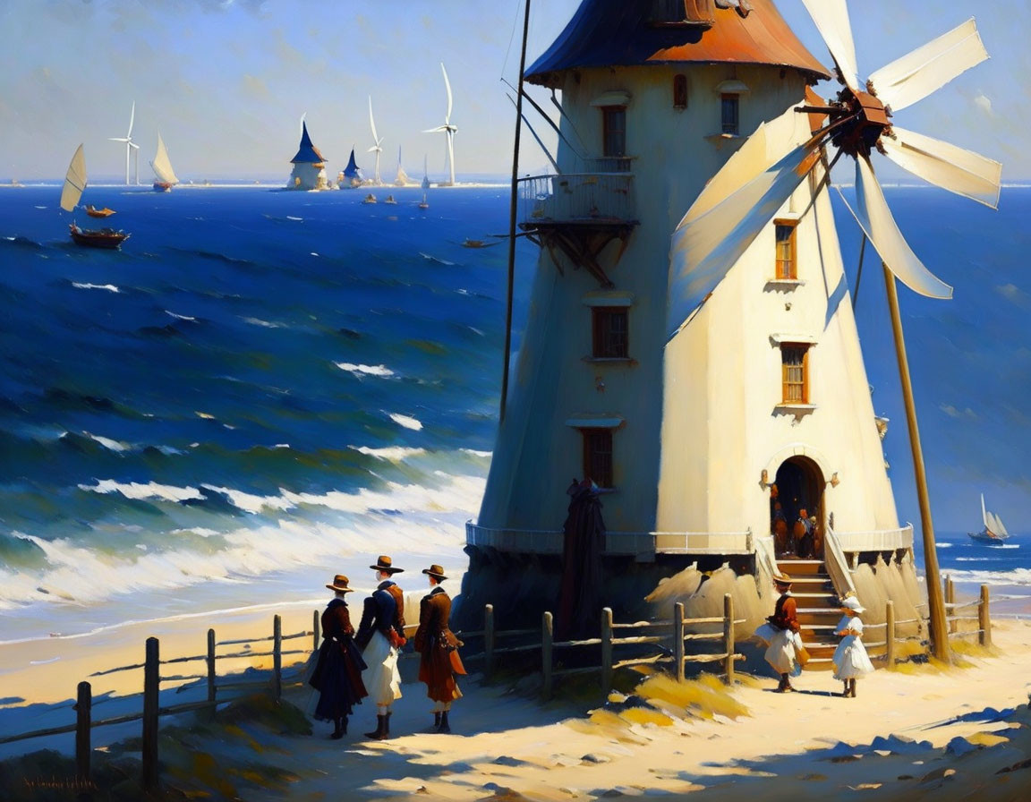 Coastal lighthouse painting with visitors and sailboats on sunny day