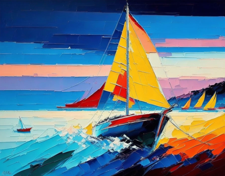 Colorful Sailboats in Abstract Ocean Scene with Striped Sunset Sky