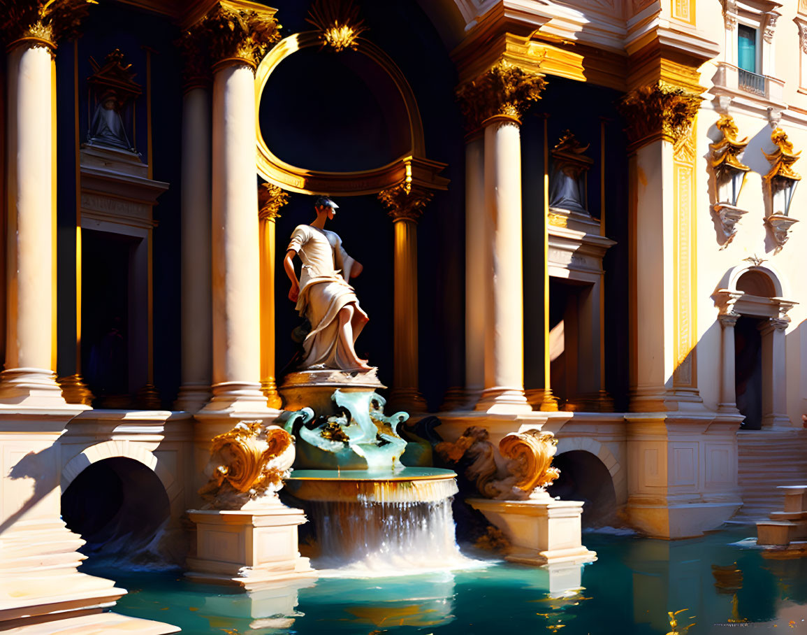 Baroque-style architectural fountain with central female statue and sunlit columns