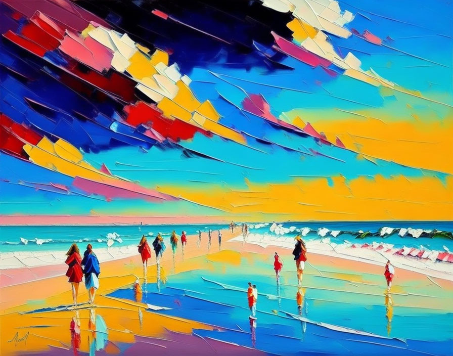 Vibrant impressionistic beach scene with colorful sky and figures reflected on wet sand