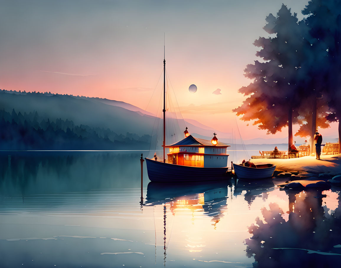 Tranquil sunset scene with yacht on lake, trees, hills, and pastel sky