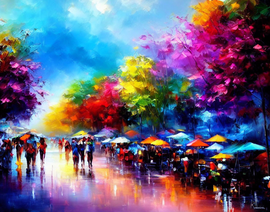 Vibrant impressionist street scene with colorful crowds and rainbow trees.