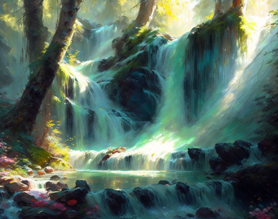 Tranquil Forest Waterfall with Sunlight and Flora