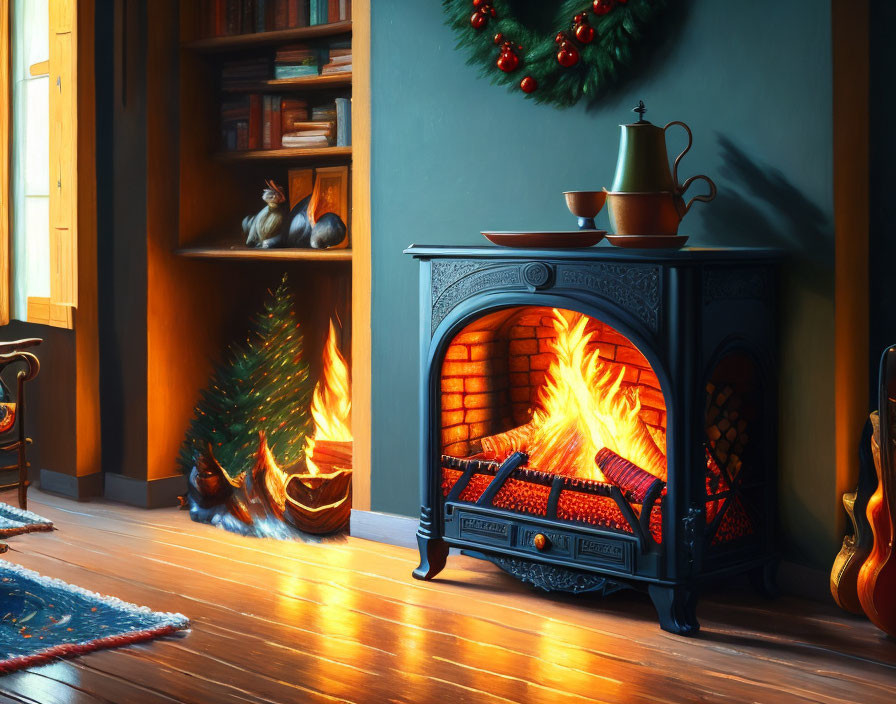 Warm Holiday Room with Fireplace, Bookshelves, Guitar, Wreath, and Christmas Tree