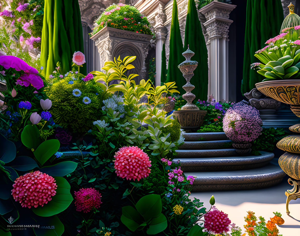 Vibrant flowers in lush garden with classical columns and arches