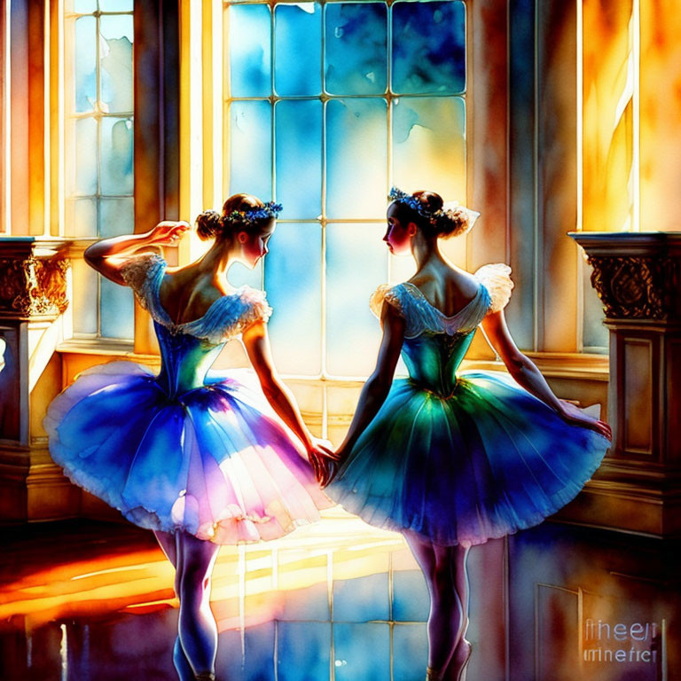 Two ballerinas holding hands in front of stained-glass window with colorful light on tutus.