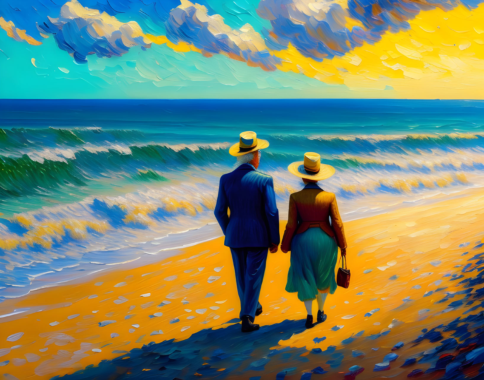 Silhouettes of couple in hats walking on beach at vibrant sunset