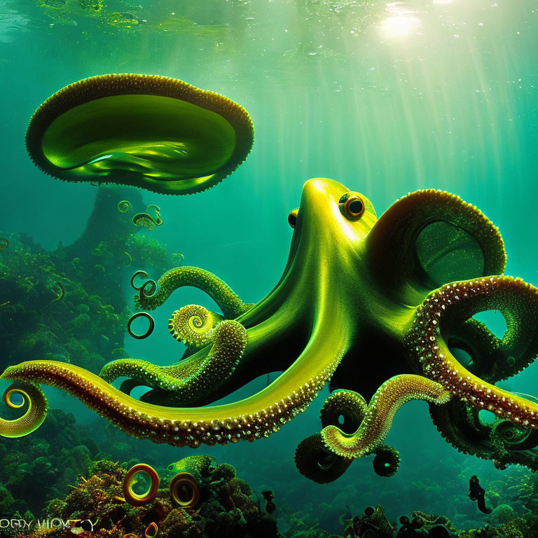 Colorful Underwater Scene with Green Octopus and Jellyfish Creature