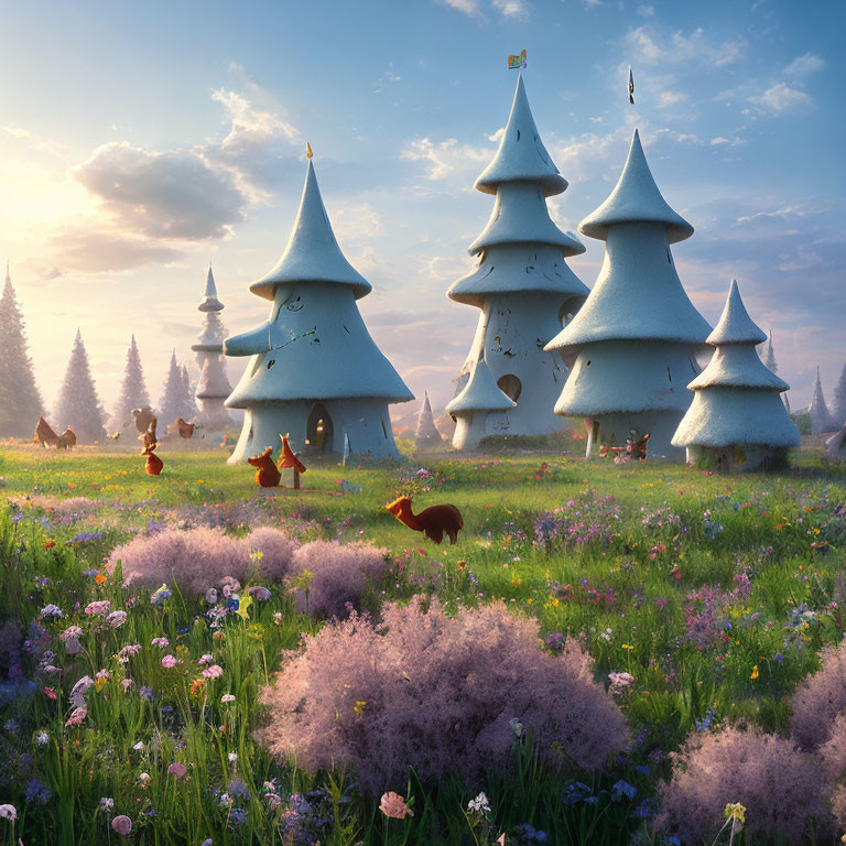 Whimsical cone-shaped houses and foxes in fantasy sunrise landscape