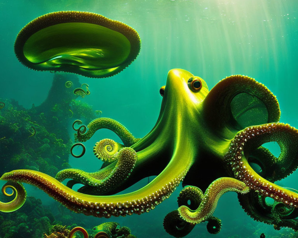 Colorful Underwater Scene with Green Octopus and Jellyfish Creature