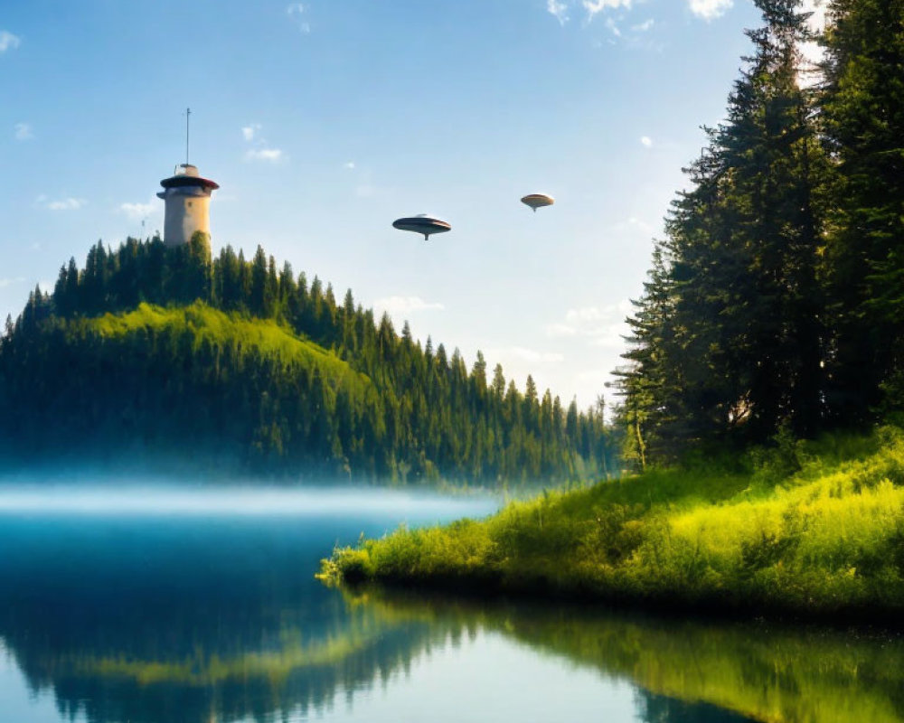 Tranquil lake mirroring green hill, tower, blue sky, and UFOs