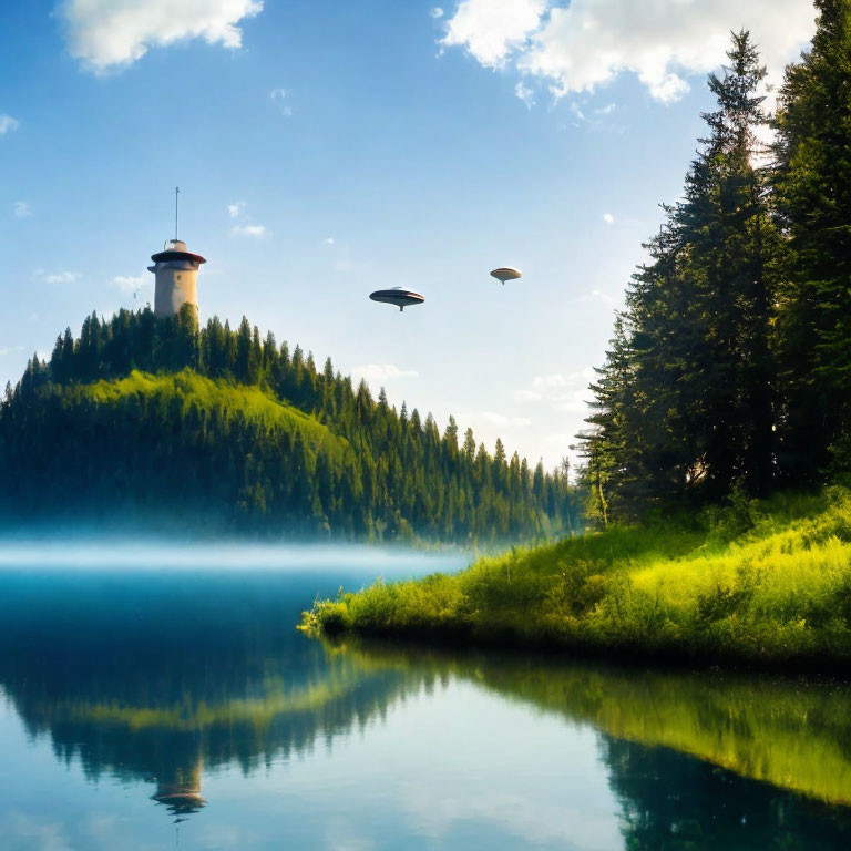 Tranquil lake mirroring green hill, tower, blue sky, and UFOs