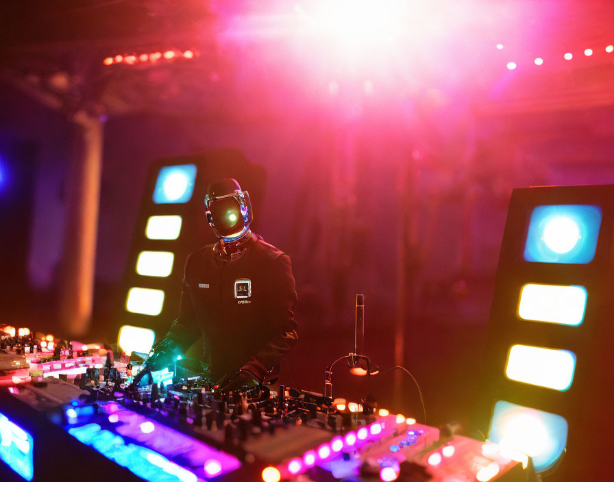 DJ in helmet mixing tracks under vibrant purple and red club lights