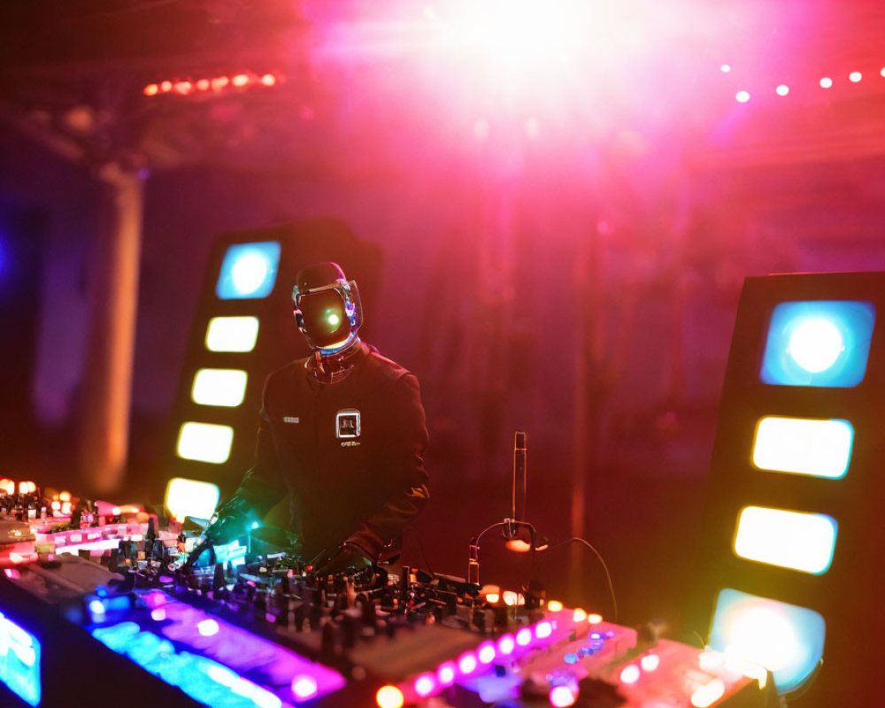 DJ in helmet mixing tracks under vibrant purple and red club lights