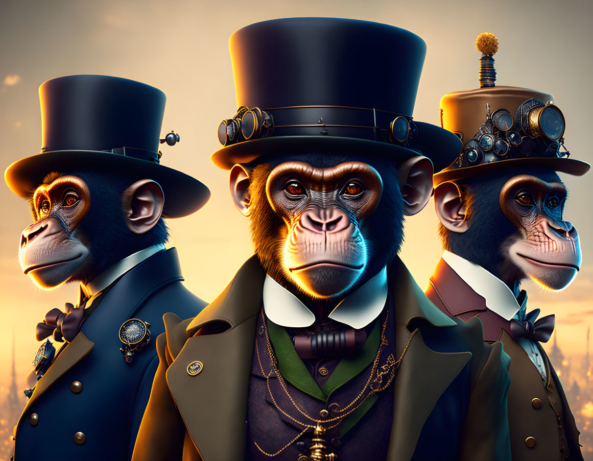 Victorian-themed anthropomorphic monkeys in steampunk attire at sunset
