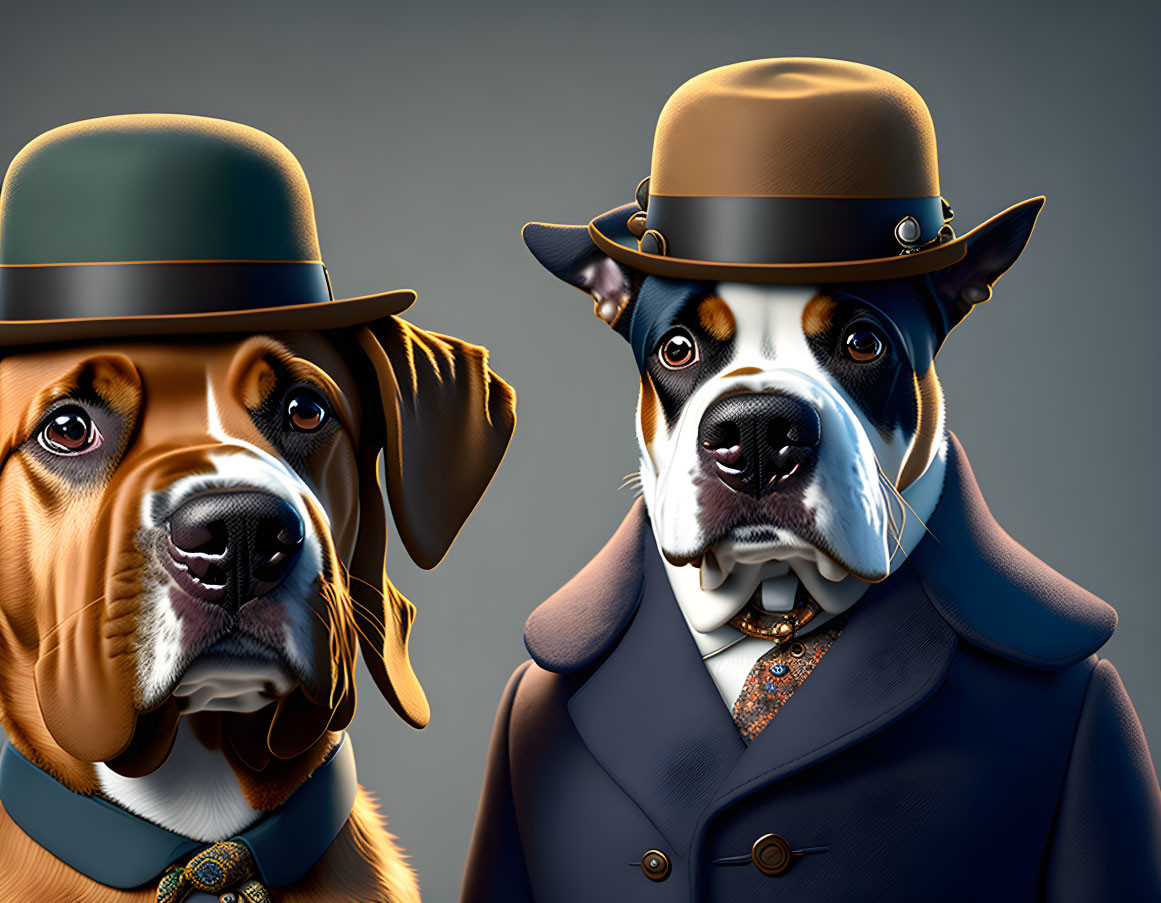 Stylized dogs in vintage detective attire with hats and coats