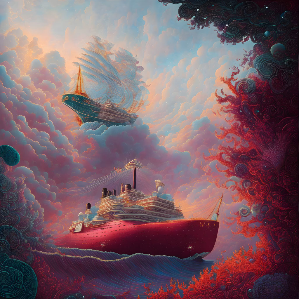 Vibrant red ship in celestial ocean with surreal sailing ship above, dreamy sky with swirling patterns