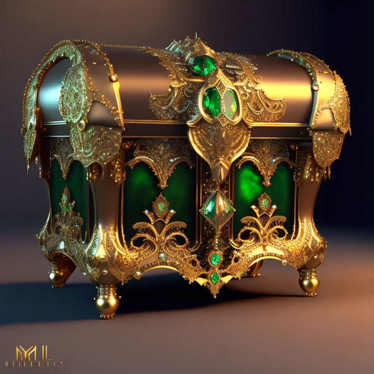 Luxurious Golden Chest with Emerald Jewels and Intricate Patterns