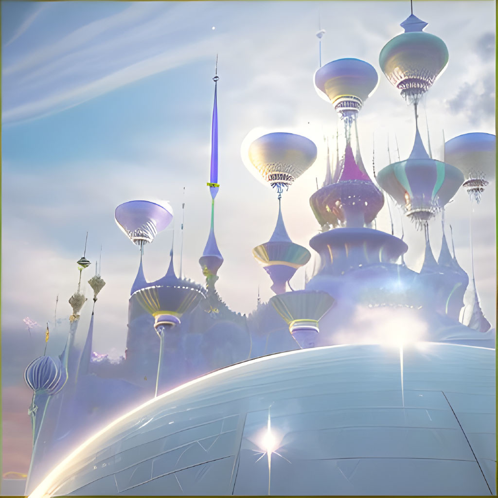 Fantastical cityscape with floating structures and spires in dreamlike glow