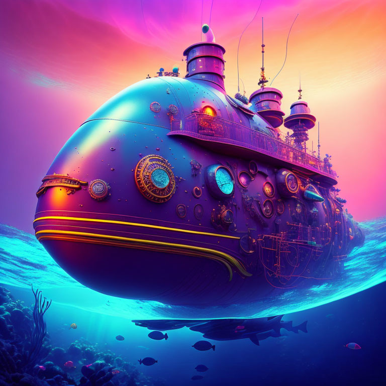 Detailed Fantastical Submarine Illustration Submerged in Colorful Ocean