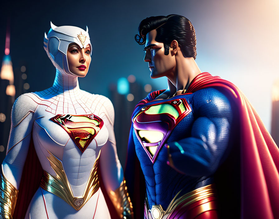 Stylized superhero figures in modern costumes against cityscape at dusk