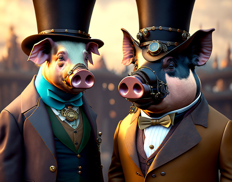 Anthropomorphic pigs in Victorian attire with steampunk style.