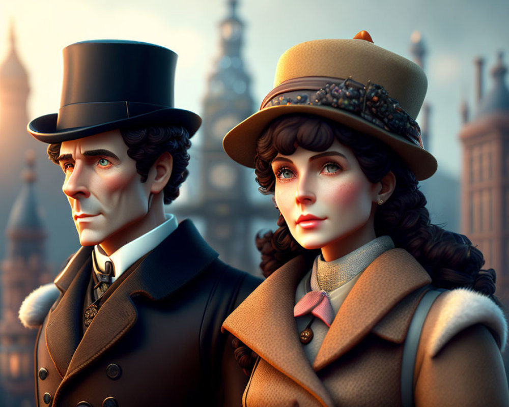 Victorian-era Styled Couple in Elegant Attire with Industrial Cityscape